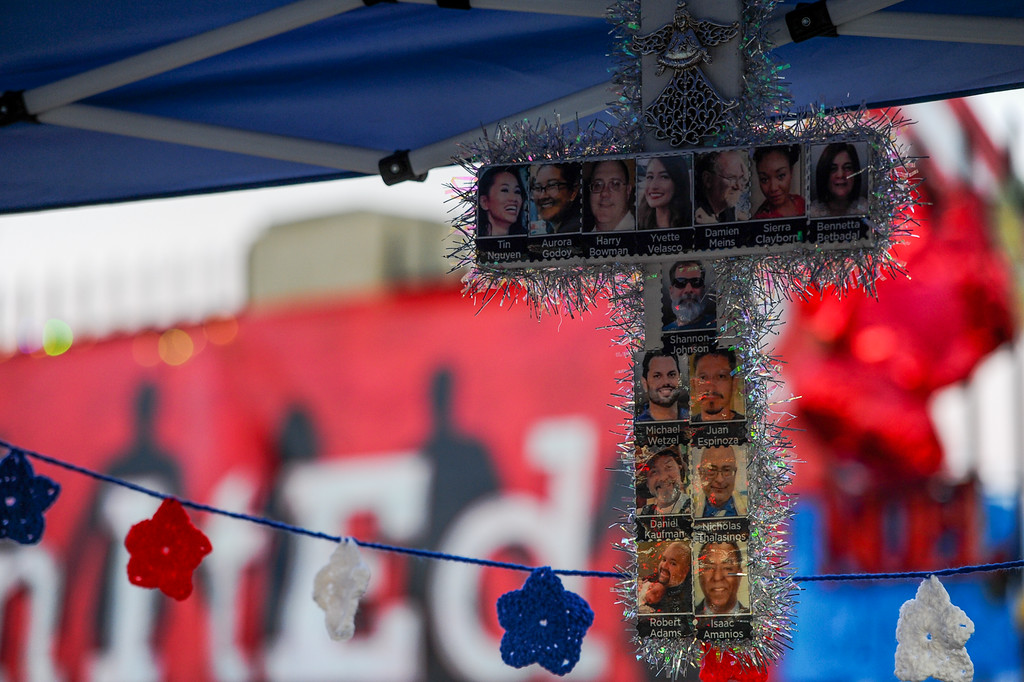 The San Bernardino shooting memorial near the Inland Regional Center continues to expand on the sidewalk on the corner of Orange Show and Waterman Avenue in San Bernardino, CA on Monday, Dec. 14, 2015. (Photo by Rachel Luna/The Sun)